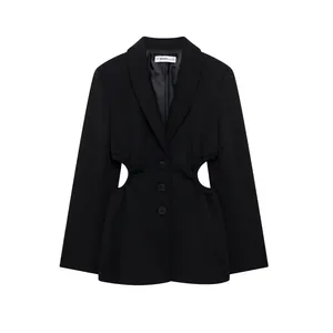 Women Casual Black Hollow Out Waist Blazer Notch Lapel Streetwear Long Sleeve Button Suit Jacket Street Style Coat