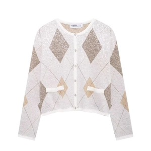 Gilet tricoté pour femme avec motif losanges et paillettes argentées en beige