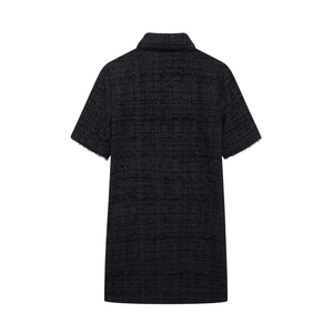 Elegant black tweed short sleeve top for women with textured fabric and classic lapel back view