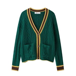 Deep green V-neck cable knit cardigan with vintage collegiate stripes and front pockets