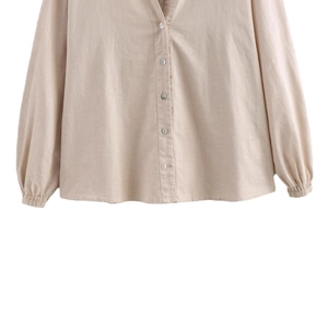 Women's autumn cotton linen long sleeve shirt with V-neck and button closure in beige