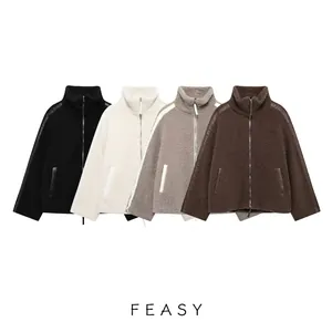 Women's loose fit sherpa fleece jacket with stand collar and double zippers in four colors