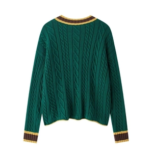 Deep green cable-knit cardigan with V-neck and striped trim in British college style