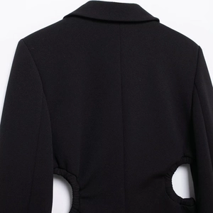 Women's black casual blazer with trendy waist cutout and pleated back details