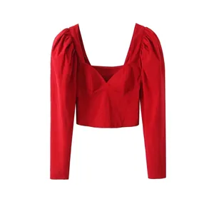French Retro Red Puff Sleeve Crop Top Women Square Neck Slim Fit Long Sleeve Streetwear Fashion Vintage Pullover Elegant Top