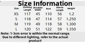 Size chart for women's long loose fit coat showing length, bust, shoulder, and sleeve details