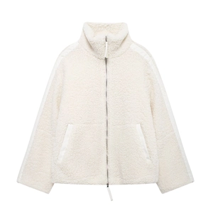 Women's white sherpa fleece jacket with stand collar and side stripe sleeves