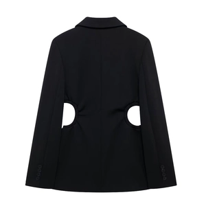 Women's black blazer featuring side waist cut-out details and four-button cuffs