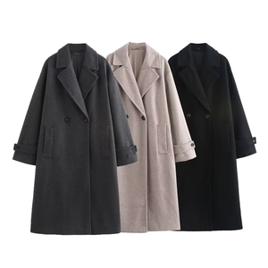 Detail view of stylish loose wool blend long coat with notch lapel and double buttons