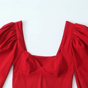 French vintage red puff long sleeve crop top with square neckline for women