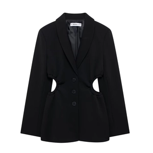 Women's black slim-fit blazer with side cut-out detailing and three-button front closure