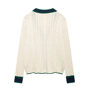 Women's cream V-neck cable-knit cardigan with navy and green striped ribbed trim edges