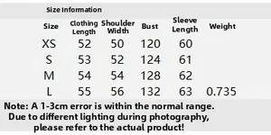 Size chart for women's street style hooded jacket with length, bust, and sleeve details