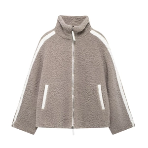 Casual grey sherpa fleece jacket with stand collar and white side stripes for women