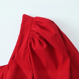 French vintage red long-sleeved top for women featuring elegant puff shoulder detailing