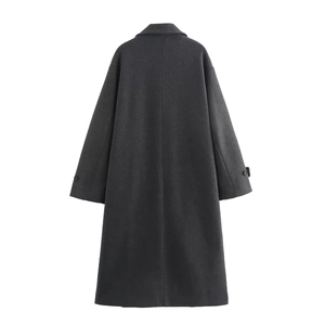 Back view of long dark grey wool coat featuring H-line silhouette and buttoned cuffs