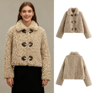 Women Faux Fur Teddy Fleece Jacket Cropped Fashion Coat With Leather Toggle Buckle Lapel Casual Warm Street Outerwear
