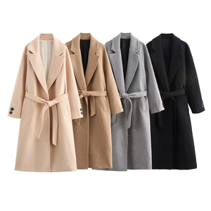Detailed comparison of wool coats in beige, camel, grey and black with belted waistlines