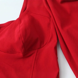 French vintage red long sleeve top with puff sleeves and sweetheart neckline