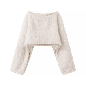 Women's faux fur cropped shawl jacket in cream white with long sleeves and plush texture