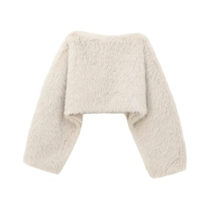 Close-up of fluffy faux fur texture and smooth inner lining on cream short jacket