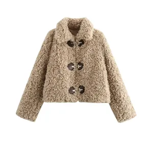 Women's autumn streetwear faux fur jacket in beige with leather buckles and silver hardware