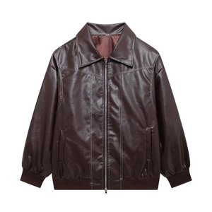 Veste Vintage en Similicuir pour Femmes Coupe Ample Manches Longues Fermeture Éclair Revers Streetwear Surpiqûres Contrastées Bord-côte Manteau Biker