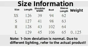 Size chart with measurements for women's long street style coat from XS to L