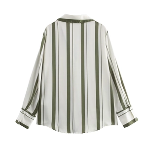 Flat lay back view of green and white striped satin long sleeve shirt with classic collar