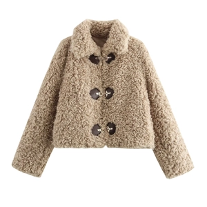 Women's khaki faux shearling jacket with stylish leather patches and metal buckles