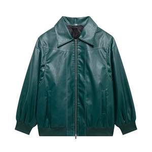 Veste en similicuir vert foncé avec coutures blanches contrastées et bord-côtes