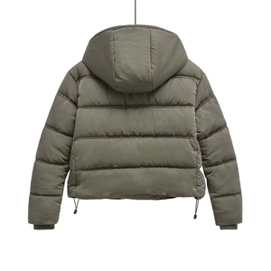 Back view of army green hooded jacket showing horizontal quilting and hem drawstrings