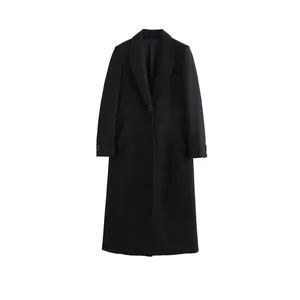 Women's Black Long Woolen Coat Elegant Suit Collar Button Long Sleeve Overcoat Autumn Winter Casual Fashion Outerwear
