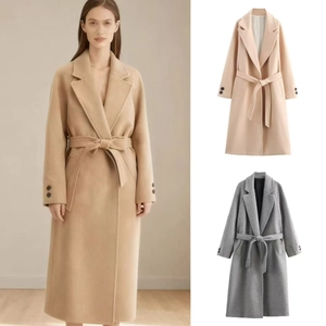 Women Elegant Long Wool Blend Coat With Belt Notch Lapel Solid Color Thick Warm Winter Trench Coat For Office Daily