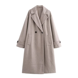 Women's long double-breasted grey-brown wool coat with classic lapel and loose fit silhouette