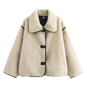 Cropped faux fur jacket with wide lapel and contrasting black leather trims