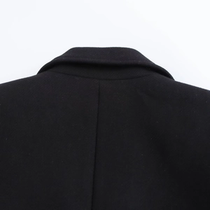 Women's long fashion coat in black wool blend showing the collar and back seam details