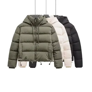 Women Hooded Puffer Jacket Casual Quilted Padded Winter Coat Streetwear Zip Up Windproof Outwear With Pocket
