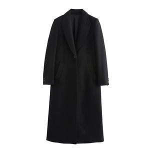 Women's elegant black long wool blend coat with classic notched lapels and single breasted buttons