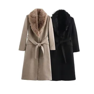 Manteau en Laine Élégant pour Femme avec Col en Fausse Fourrure et Ceinture Manches Longues Coupe Ample Kaki Noir Automne Hiver Pardessus Chaud