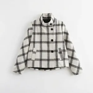 Women's Casual Plaid Jacket Coat Stand Collar Long Sleeve Single Breasted Black White Winter Autumn Fashion Outerwear Top