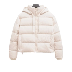 Women's autumn short hooded puffer jacket in beige with quilted horizontal patterns