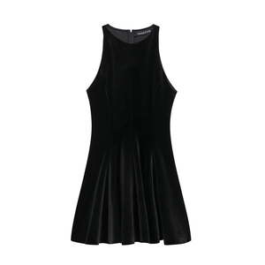 Close-up of elegant black velvet sleeveless dress with high-quality matte fabric texture