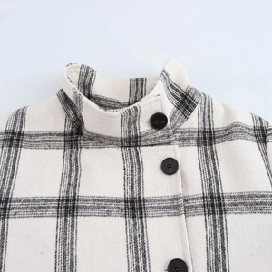Women street fashion plaid jacket with high stand collar and black buttons