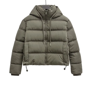 Olive green hooded quilted jacket for women with short cut and adjustable drawstring hem