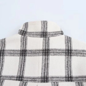 Women's black and white plaid jacket featuring a stand collar and thick wool-like texture