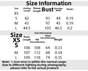 Detailed size chart for striped vest and pants set including length and bust measurements