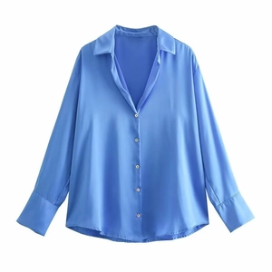 Elegant royal blue satin button-down shirt for women with long sleeves and a classic lapel