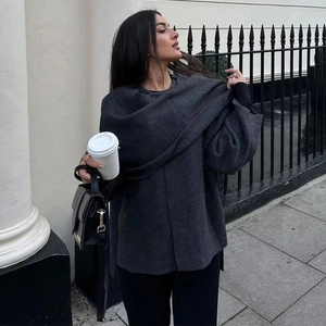 Women's dark grey asymmetrical scarf knit coat with thick wrap design for autumn and winter