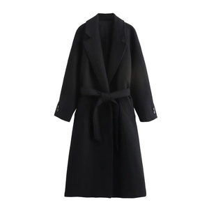 Classic black long wool blend coat with elegant lapel collar and adjustable waist belt